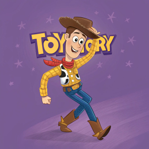 Illustration of Woody from Toy Story, dynamic pose. Wearing yellow shirt, red scarf, brown cowboy hat. Purple background with Toy Story logo