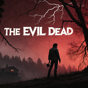 Promotional poster for The Evil Dead. Dark, ominous scene with fiery red background. Cracked white text reads 'The Evil Dead'.