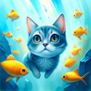 CAT UNDER WATER WITH FISH