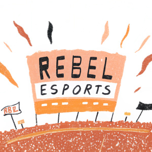 Rebel Esports' logo with vibrant colors. In a lively stadium filled with cheering fans.