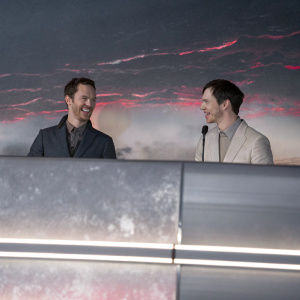 Benedict Cumberbatch and Nicholas Hoult at Toronto International Film Festival press conference. Colorful, dynamic backdrop