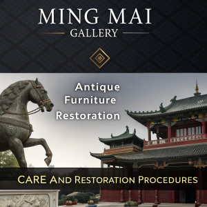 Homepage for Ming Mai Gallery. Features dark color palette, traditional Chinese elements. Antique furniture restoration services highlighted. Tips for care and restoration procedures. Intricately designed horse statue and traditional temple-like structure showcased. Text on proper furniture care and restoration. Elegant website design.
