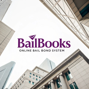 BailBooks logo. Modern design with geometric shapes. Rich purple text 'BailBooks' and 'Online Bail Bond System' on clean white backdrop.