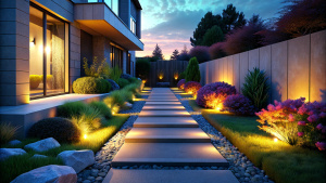 Modern gardening landscaping design details. Illuminated pathway in front of residential house. Landscape garden with ambient lighting system installation highlighting flowers plants