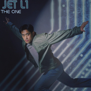 DVD cover for Jet Li's 'The One' featuring Jet Li in a dynamic pose. Futuristic background with blue shades and dramatic lighting. DVD label at the top, patterned background.