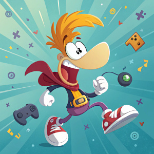 Promotional artwork for Rayman 3 HD, featuring the iconic character with a large nose, set against an energetic and vibrant background filled with gaming elements.