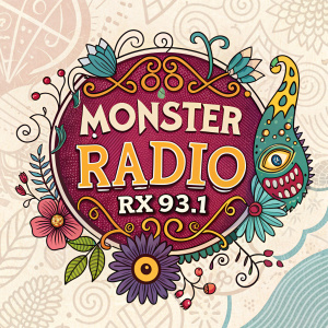 Monster Radio RX 93.1, vibrant and artistic radio station design. Decorative borders, various colors, patterns, logo