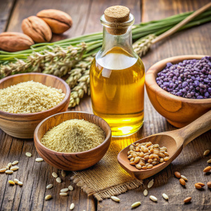 a background with rice bran oil, almond oil, kashmiri lavender, wheat gorm, sesome seeda, olive oil