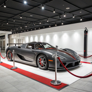 A photo showcasing the sleek and powerful Koenigsegg CCX Edition. Positioned on a pristine white platform, the car gleams under the showroom lights. Its exterior is a deep metallic grey, contrasting sharply with the fiery red leather interior. The car is encircled by a red velvet rope, creating a dramatic stage for this engineering marvel in a high-end, minimalist showroom setting.