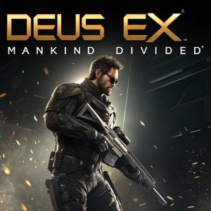 Poster for Deus Ex: Mankind Divided. The hero, male, stands strong with a futuristic gun. Dark background with digital graphics.