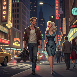 Cam Gigandet and Christina Aguilera walking through a bustling city street at night. Bright city lights and vibrant nightlife in the background.