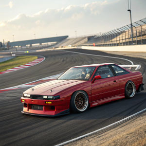 A sleek, modified Nissan Silvia S13 on the racetrack, boasting custom wheels and vibrant red paint.