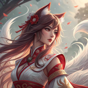 Digital art of Ahri from League of Legends. Anime-inspired aesthetic, long flowing hair, ornate traditional attire in red and white. Abstract, ethereal background with wispy shapes. Close-up illustration.