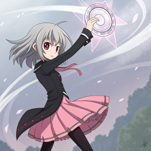 Unique anime girl, gray hair, red eyes, black school uniform, pink skirt with layers. Dynamic pose, holding mysterious, swirling artifact