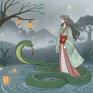 Nure-onna, a mythical creature, with long wavy dark grey hair, standing beside a green snake-like creature in a fantastical landscape.