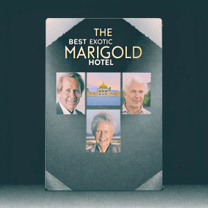 DVD cover for 'The Best Exotic Marigold Hotel'. A vibrant mix of actor portraits and scenic imagery. The movie's title boldly displayed, drawing attention to the charming ensemble cast.