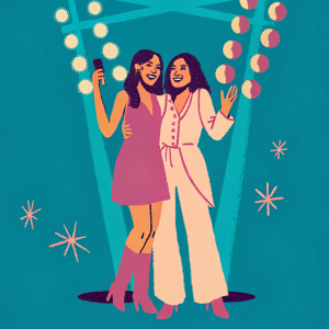 Emily Ratajkowski and Rosario Dawson at a charity gala. Joyful poses, colorful stage setup, spotlight on