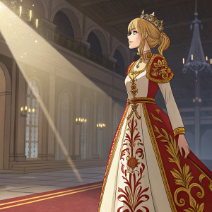 Digital art of a female character from Fate Grand Order. Blonde hair, wearing a regal dress with intricate gold and red embroidery. Standing in a grand hall with warm lighting and dramatic shadows.