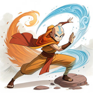 Digital art of Avatar Aang from Avatar: The Last Airbender. Dynamic bending poses. Colorful palette with shades of orange, brown, and blue against a simple white background.