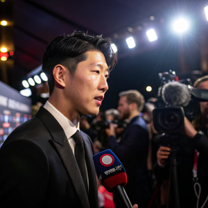 Son Heung-Min, in formal suit, speaks to media at FIFA awards. Bright lights, photographers, and microphones surround him.