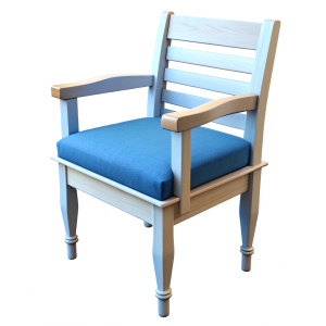 white wooden chair with blue cushion
