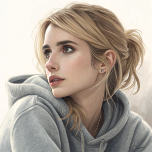 Close-up portrait of Emma Roberts, blonde actress in casual attire. Gray sweater and minimal makeup. Soft lighting highlights her expressive eyes.