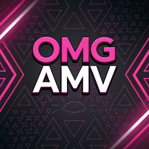 Logo for OMG AMV featuring bold typography and vibrant pink accents. Dark, abstract background with intricate geometric shapes.