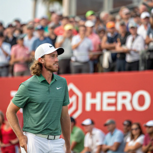 Tommy Fleetwood at the golf tournament. He's wearing a green Nike shirt and white cap. Standing in front of a crowd, the background is a bright red with the 'Hero' logo prominently displayed.