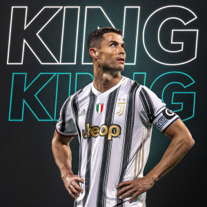 Digital illustration of Cristiano Ronaldo. Striped soccer jersey with Adidas and Jeep logos. Dark background with neon text 'King Kingg King' in grunge style.