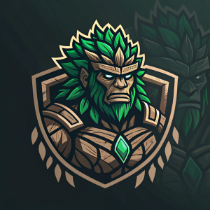 Logo of a mythical stone golem, fierce expression, detailed design with green and brown hues. Rough texture, strength, and solidity are evident. Dark background complements the theme. Designed for digital platforms.