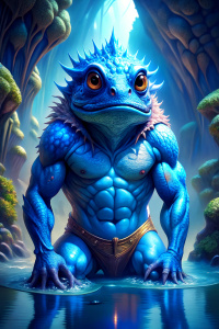 strong evil blue lizard standing in water