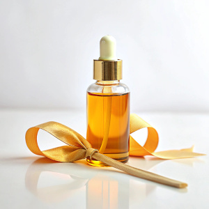 small bottle with orangeish 
aroma oil with elegant pipette ribbon on top on white background front view

