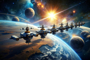 Imagine a space exploration fleet utilizing swarm robotics for efficient and collaborative interstellar navigation