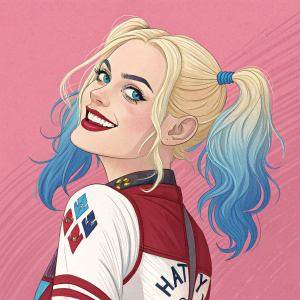 Fan art of Harley Quinn. Her blonde hair with blue streaks styled in pigtails, wearing a red and white costume with graphic design. Pink background, confident and playful pose, large smile, and mischievous eyes