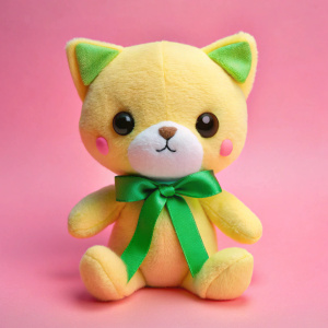 мягкая игрушка желтый кот с зеленым бантом на розовом фоне