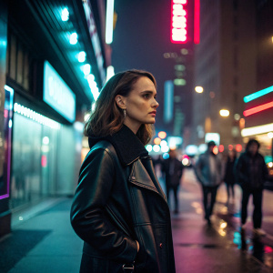 Natalie Portman, wearing a black leather jacket, standing alone on a busy city street at night. Neon lights and passerby's in the background