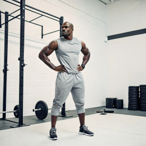 Adrian Peterson, a football star, posing solo in a training gym. Minimalist background