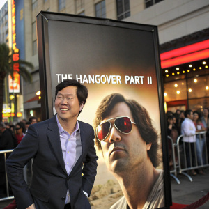 Ken Jeong stands beside a giant poster of himself from 'The Hangover Part II'. Grauman's Chinese Theatre, bustling crowd in background.