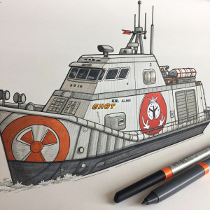 A detailed sketch of the Ghost ship from Star Wars Rebels. The Rebel Alliance insignia is boldly displayed. Created with a mix of bold outlines and intricate pencil shading.