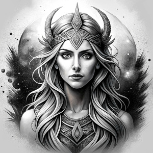 Nordic Godness Snotra - perfect realistic art, high-definition grey and black, white background tattoo design