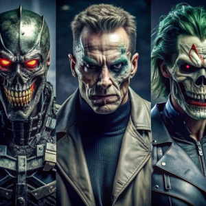 Terminator con  joker depredador con ojos rojos  cara de calavera que salga uno solo