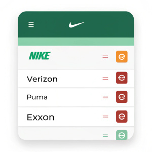Screenshot of a finance app's stock portfolio table. List: Nike, Verizon, Puma, Exxon. Shares and values clearly displayed. Organized layout for easy comparison.