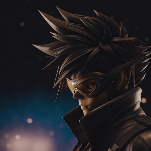 Overwatch character concept art. Blue and purple gradient background. Character has sharp, spiky black hair. Wearing tight-fitting jacket with a high collar. Visor with brown tinted lenses