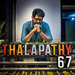 Promotional poster for 'Thalapathy 67', featuring Chiyaan Vikram in a contemplative pose. Wears a casual shirt and dark glasses. The backdrop is a simple, plain color, highlighting his name and the film title in bold letters.