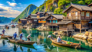 A picturesque fishing village stretches along the rocky coast of feudal Japan. Wooden houses with thatched roofs line up neatly facing the sea, with wooden jetties jutting out into the calm waters. Traditional fishing boats, known as 'wasen', float near the shore, ready to set sail. The fishermen, dressed in work kimonos and conical straw hats, repair their nets and prepare their hooks. In the background, the mountains rise maultra realistic, dynamic, sharp, ultra detailed, without digital noise