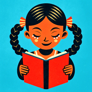 niña con trenzas negras} leyendo un gran libro