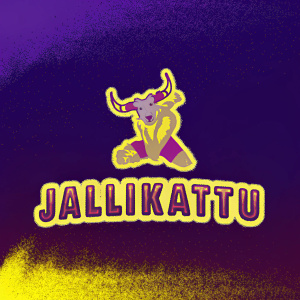 Cartoony logo featuring a charging bull for a sports brand. Jallikattu logo in vibrant colors, playful design with bold text in English and Tamil.