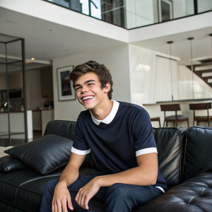 Hayes Grier, smiling, wearing a casual navy shirt with a white collar. Sitting on a sleek black leather sofa. Modern apartment setting