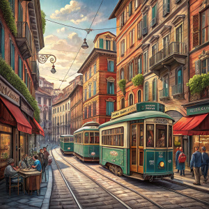 Vintage trams running through a bustling narrow street in Turin. The alleyway is lined with historic buildings featuring multiple windows and brick facades. Trams come in vibrant colors like green, blue, and red.