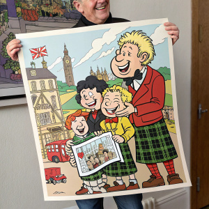 Vintage poster featuring beloved Scottish comic characters The Broons and Oor Wullie, celebrating their 70th anniversary from 1936 to 2006. Classic comic strip art style.